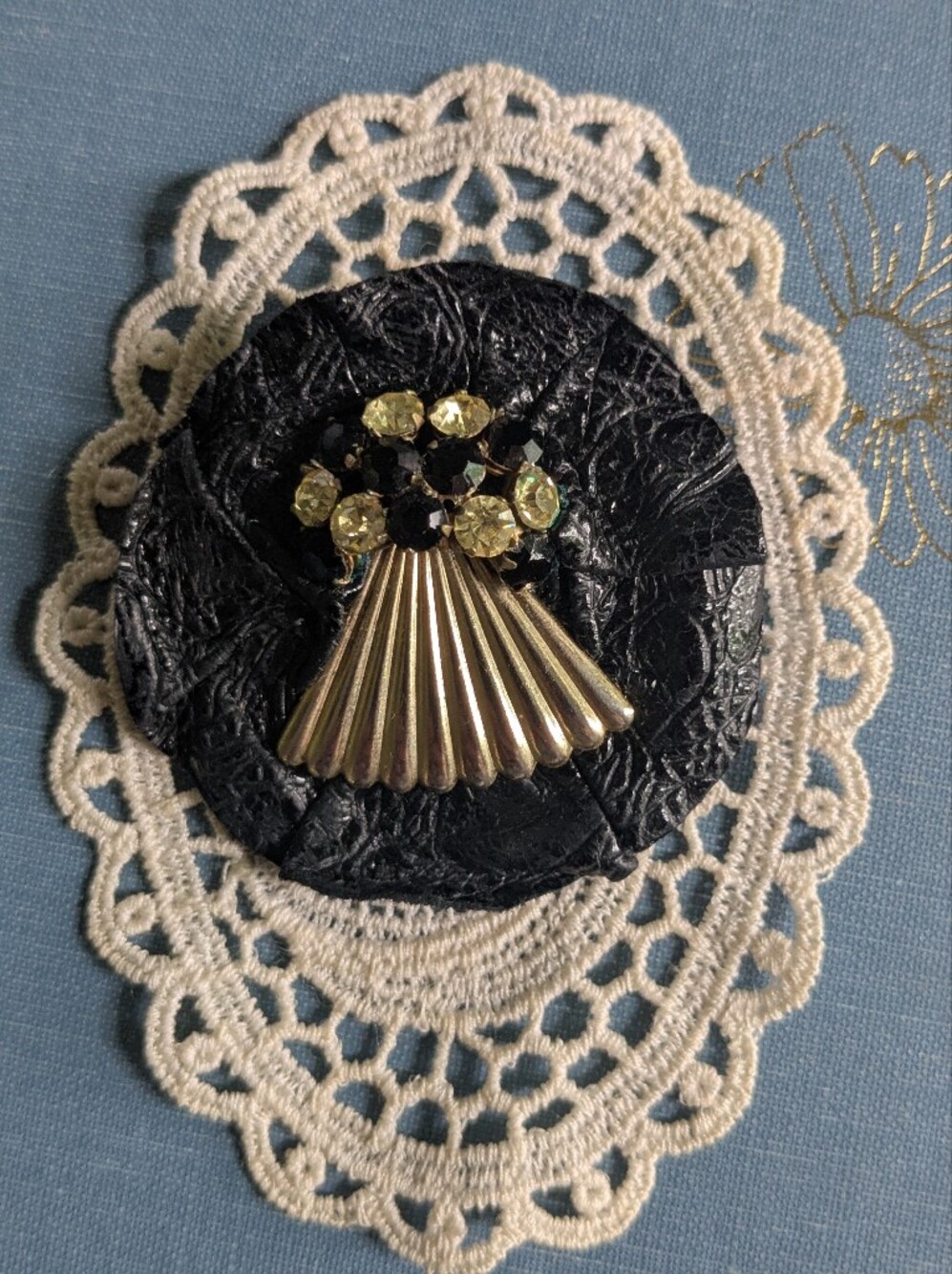 Vintage Black Leather Floral Brooch Gold Fan Rhinestone Statement Pin